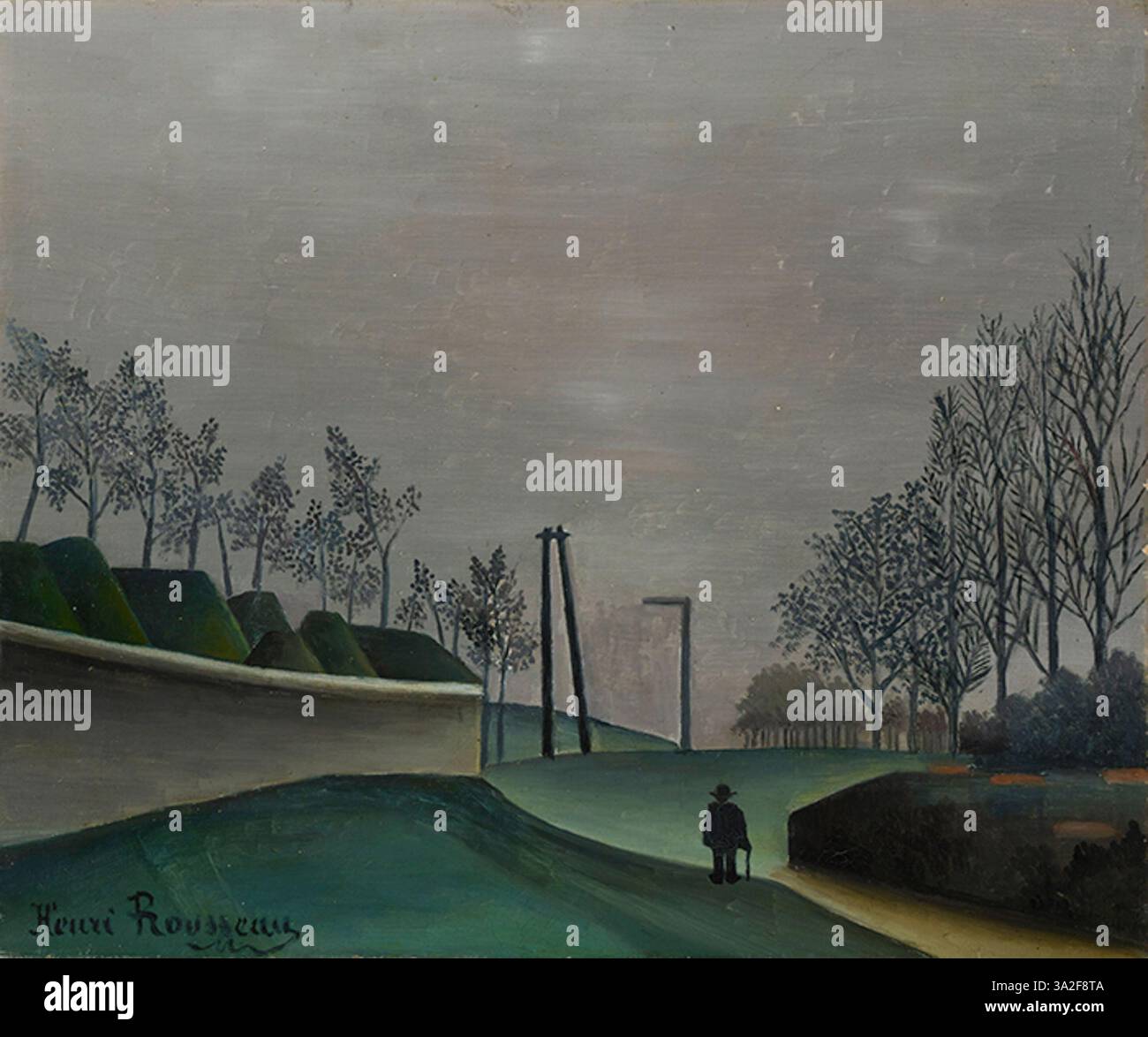 La vue des fortifications d'Henri Rousseau (1909) présente une scène de structures architecturales fortes, avec une nature vibrante et un ciel contrastant avec les fortifications solides, peintes dans le style naïf distinct de Rousseau. Banque D'Images