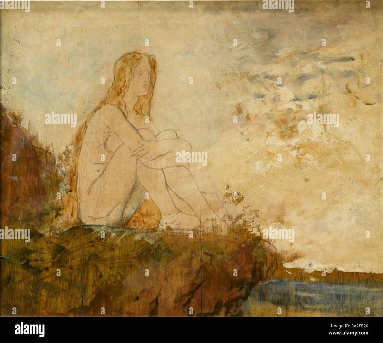 Dans cette pièce, Moreau représente Ariane abandonné sur une île, témoignant de sa fascination pour la mythologie grecque. La scène reflète son style de mélange de l'expression émotionnelle avec des récits mythologiques. Banque D'Images