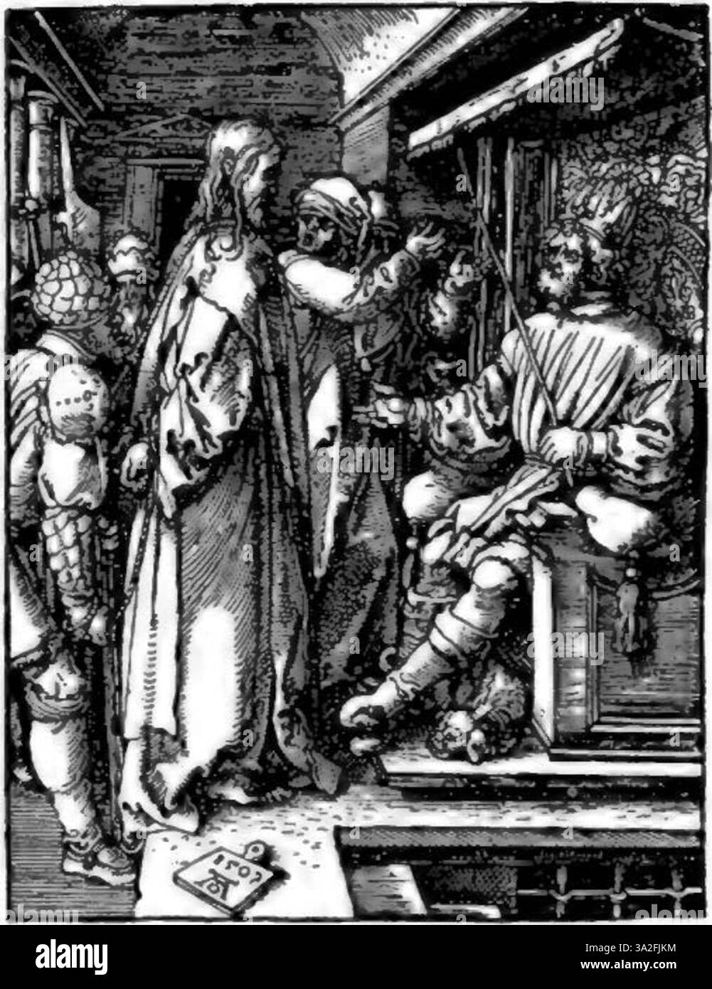 Dans cette estampe, l’habileté de Dürer en gravure est évidente dans le travail aux lignes fines et l’ombrage, illustrant un thème religieux ou mythologique avec profondeur et clarté. Banque D'Images