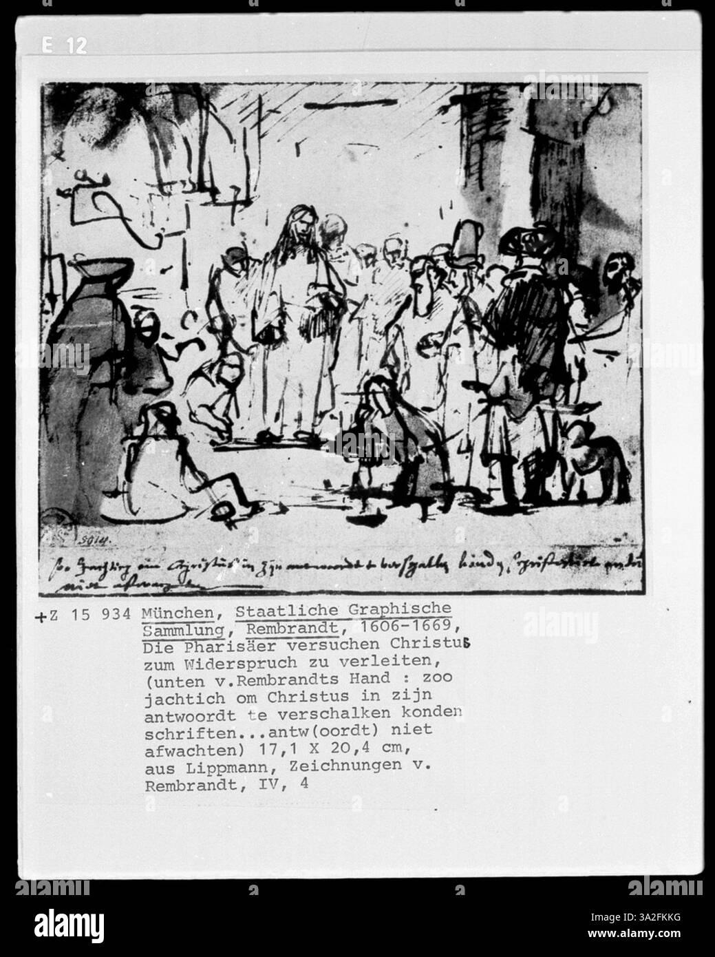 Cette gravure représente l'histoire biblique du Christ et de la femme prise dans l'adultère. Les figures sont rendues avec une profondeur émotionnelle, et la composition capture la tension du moment avec une utilisation prudente de la lumière et de l'ombre. Banque D'Images