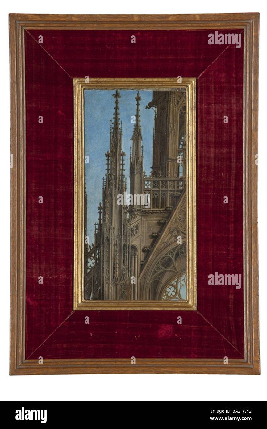 Ce détail de l'architecture gothique, attribué à Jan van Eyck, présente des pierres complexes et une conception architecturale typique de l'époque. L'accent est mis sur les éléments structurels et les caractéristiques décoratives. Banque D'Images