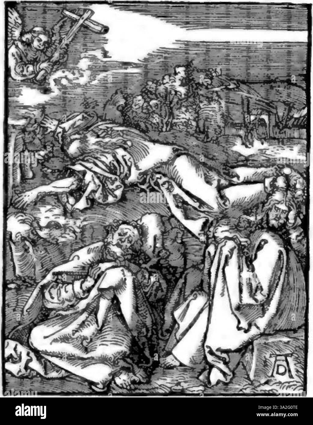 La gravure sur bois d’Albrecht Dürer, « Christ sur le Mont des oliviers », créée entre 1509 et 1511, représente le moment de prière et d’agonie du Christ dans le jardin. La gravure sur bois complexe met en évidence la compétence de Dürer à transmettre la profondeur émotionnelle et les thèmes religieux, reflétant le récit biblique. Banque D'Images