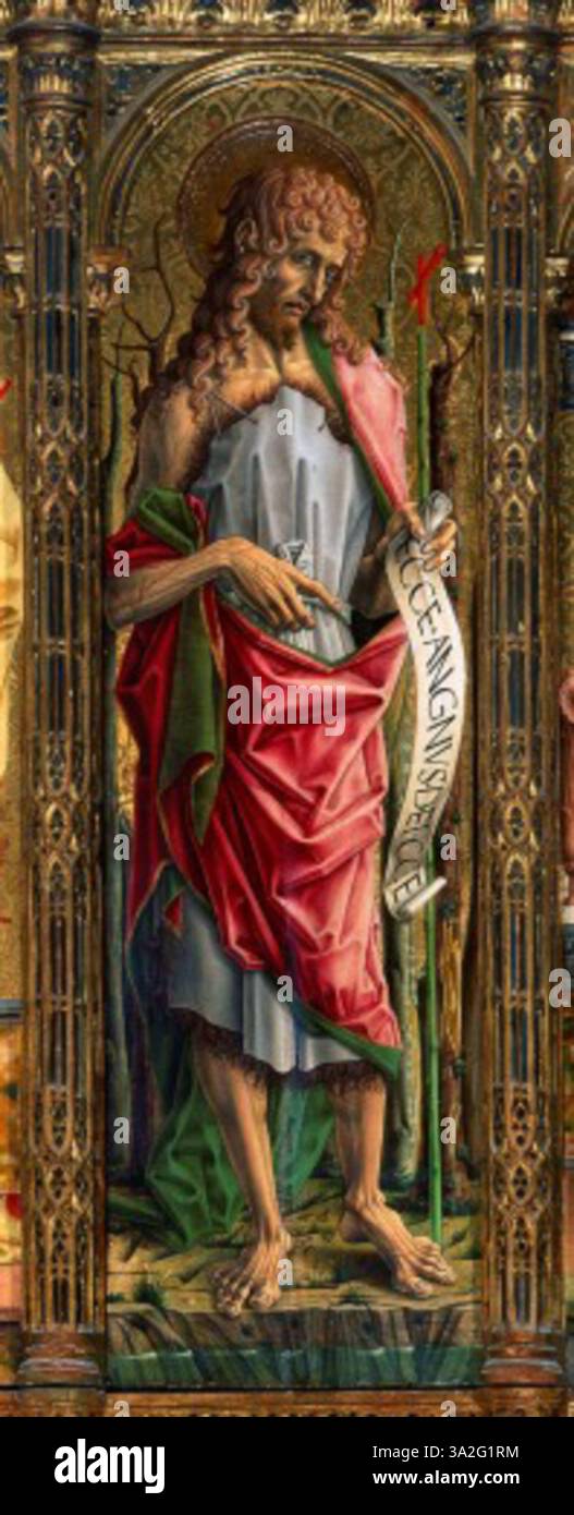 San Giovanni Battista (formé Jean-Baptiste) de Carlo Crivelli représente le saint dans une pose contemplative, avec des détails détaillés et une expression sereine. L'utilisation de couleurs vives et d'or souligne l'approche distinctive de Crivelli à l'iconographie religieuse. Banque D'Images San Giovanni Battista (formé Jean-Baptiste) de Carlo Crivelli représente le saint dans une pose contemplative, avec des détails détaillés et une expression sereine. L'utilisation de couleurs vives et d'or souligne l'approche distinctive de Crivelli à l'iconographie religieuse. Banque D'Images