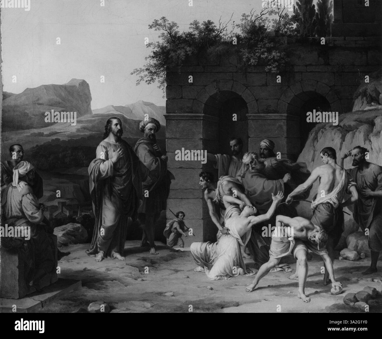 Dans ce tableau, Hayez dépeint la scène biblique du Christ et de l’adultère, capturant un moment de compassion et de jugement. Les figures sont montrées avec une intensité émotionnelle, soulignant le pardon du Christ et la leçon morale de l’histoire. L’utilisation de la lumière et de l’ombre par l’artiste permet de mettre en évidence l’interaction centrale. Banque D'Images