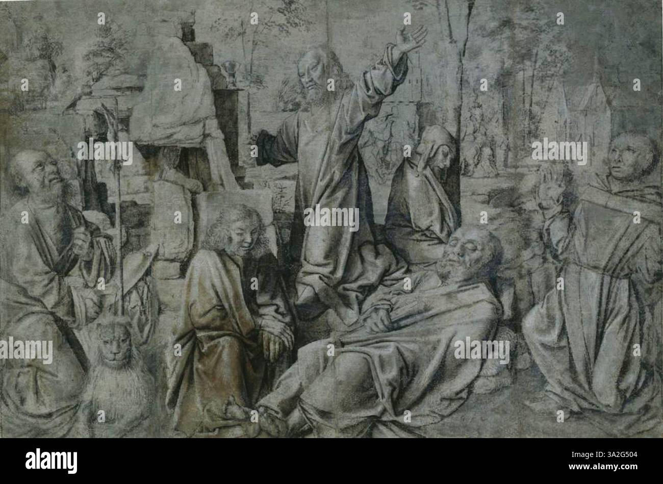 Ce tableau représente le Christ dans le jardin de Gethsémani, avec les saints Jérôme et François, une scène religieuse puissante symbolisant la piété et l'agonie du Christ avant sa crucifixion. Banque D'Images