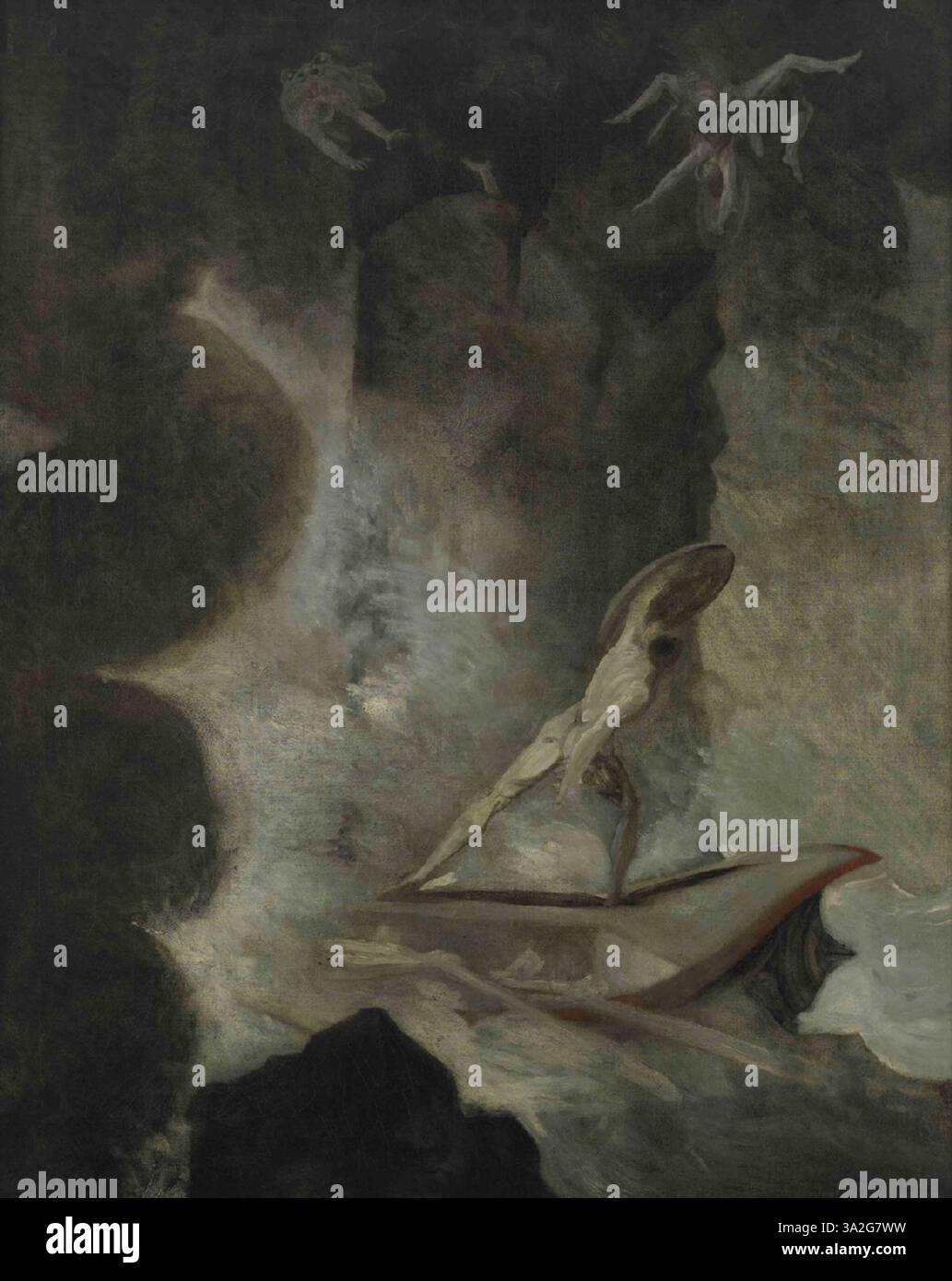 Cette peinture dramatique de Fuseli représente le moment légendaire de l' *Odyssée* d'Homère, où Odysseus fait face aux menaces jumelles de Scylla et Charybde. La composition capture la rencontre périlleuse avec une émotion intense et un mouvement dynamique, caractéristique du style de Fuseli. Banque D'Images