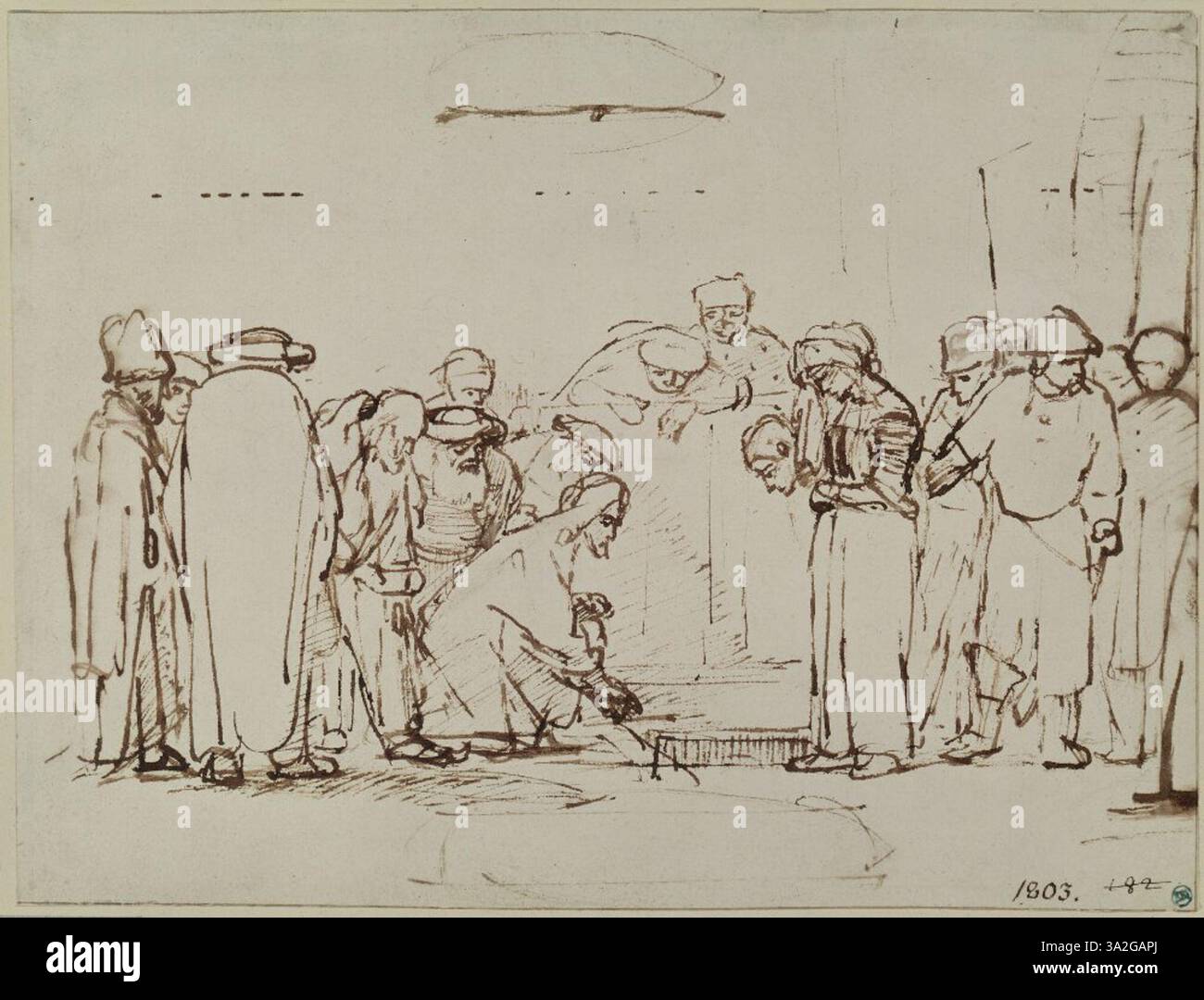 Dans 'Christ et l'Adulteress', Rembrandt capture le moment biblique pivot de l'intervention du Christ. L’interaction entre le Christ et la femme est mise en évidence par de forts contrastes de lumière et d’ombre. Banque D'Images