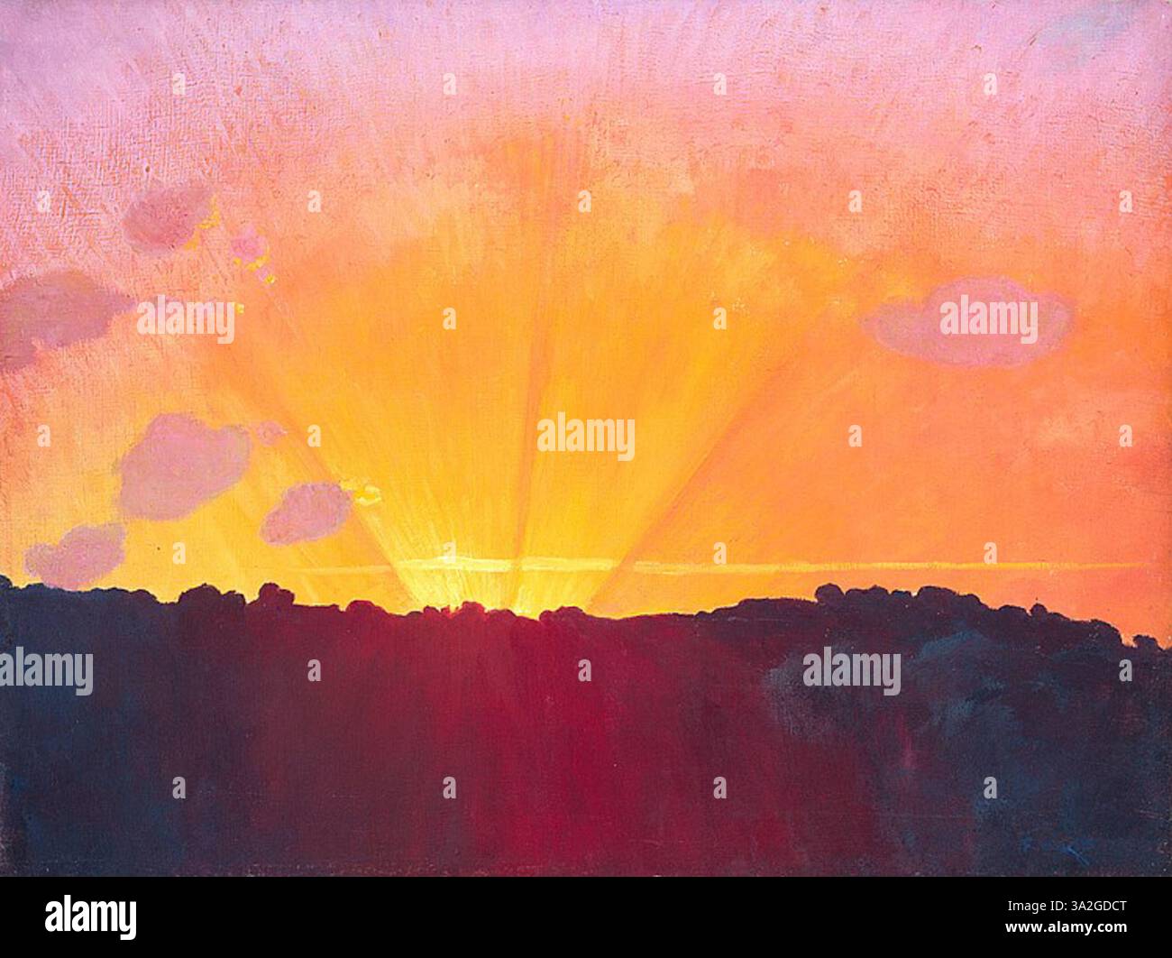 « Coucher du soleil, ciel orange » dépeint un coucher de soleil avec un ciel orange intense. L’utilisation par Vallotton de couleurs vives dans le ciel contraste avec la silhouette plus sombre du paysage, créant une composition saisissante. Banque D'Images « Coucher du soleil, ciel orange » dépeint un coucher de soleil avec un ciel orange intense. L’utilisation par Vallotton de couleurs vives dans le ciel contraste avec la silhouette plus sombre du paysage, créant une composition saisissante. Banque D'Images