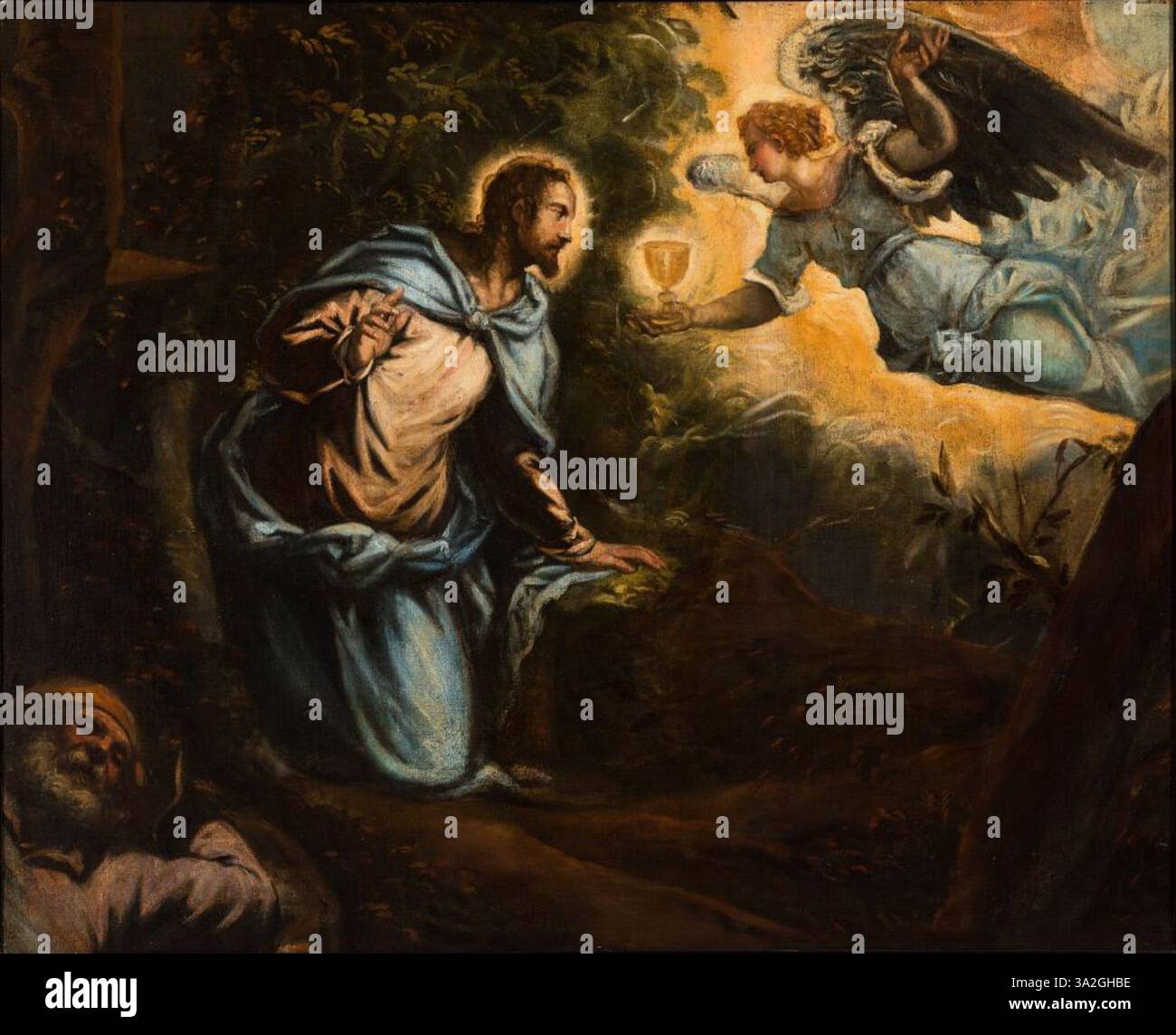 L’agonie dans le jardin, attribuée à Domenico Tintoretto, capture la lutte émotionnelle du Christ dans le jardin de Gethsémani. L'utilisation dramatique de la lumière et de l'ombre augmente la tension de la scène. Banque D'Images