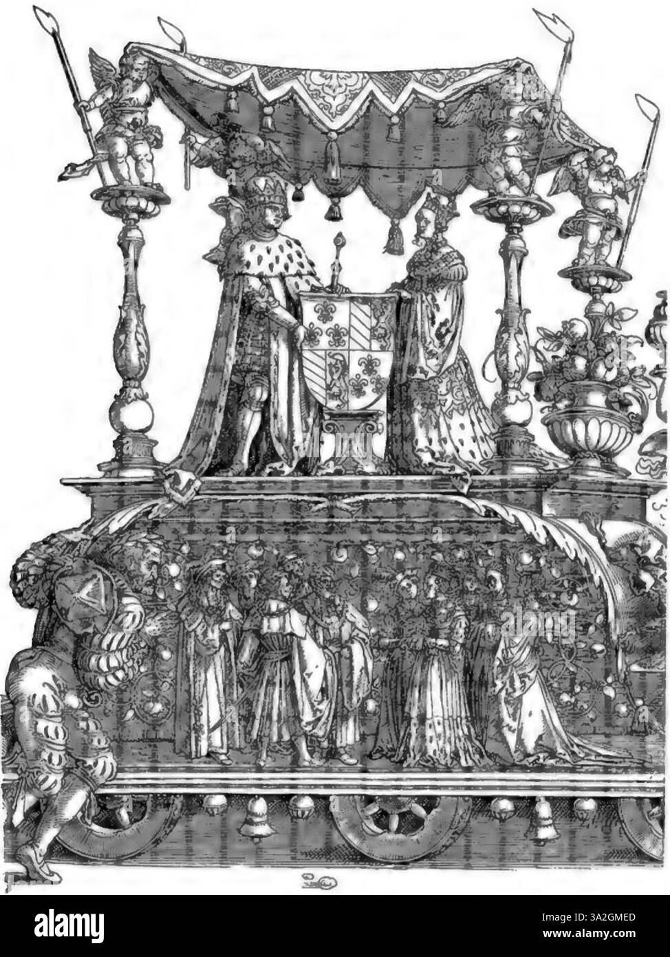 La gravure de Dürer présente des détails finement exécutés et des ombres qui améliorent la dimensionnalité des figures. La précision anatomique et la représentation naturaliste démontrent sa maîtrise de la gravure Renaissance. Banque D'Images