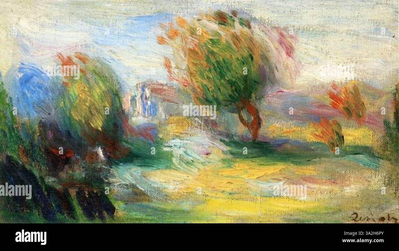 Dans ce paysage de Renoir, l’artiste capte la beauté de la nature avec sa technique impressionniste signature. La scène extérieure est riche de couleurs vibrantes et de coups de pinceau doux et fluides, mettant en valeur la beauté paisible de la nature. Banque D'Images