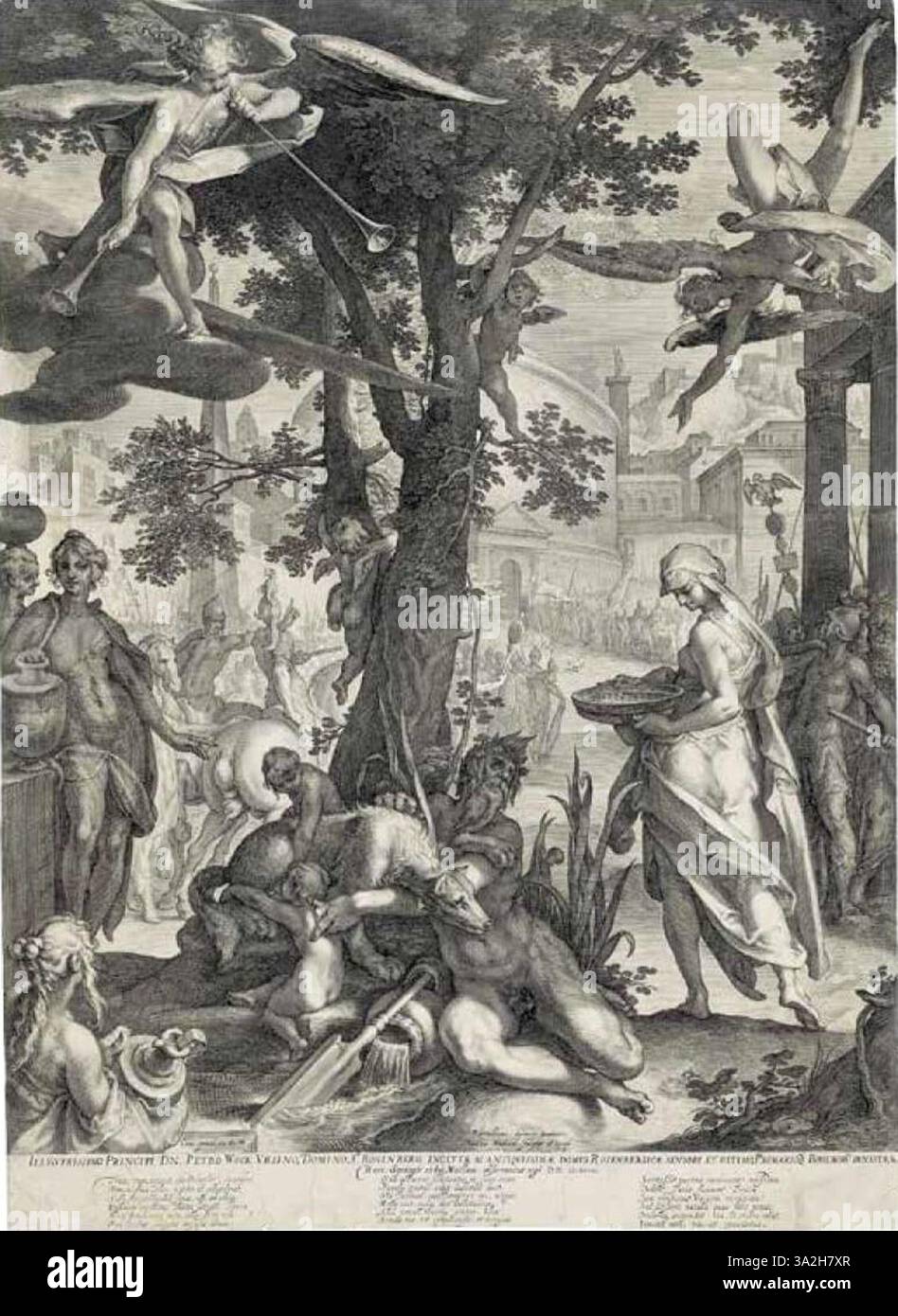 Le travail de Bartholomeus Spranger de 224 Metzler, mêlant des thèmes mythologiques à une technique maniériste sophistiquée. Connue pour son exécution très détaillée, cette pièce souligne la complexité des figures humaines et les contrastes de lumière dramatiques, typiques de ses créations de la fin du XVIe siècle. Banque D'Images