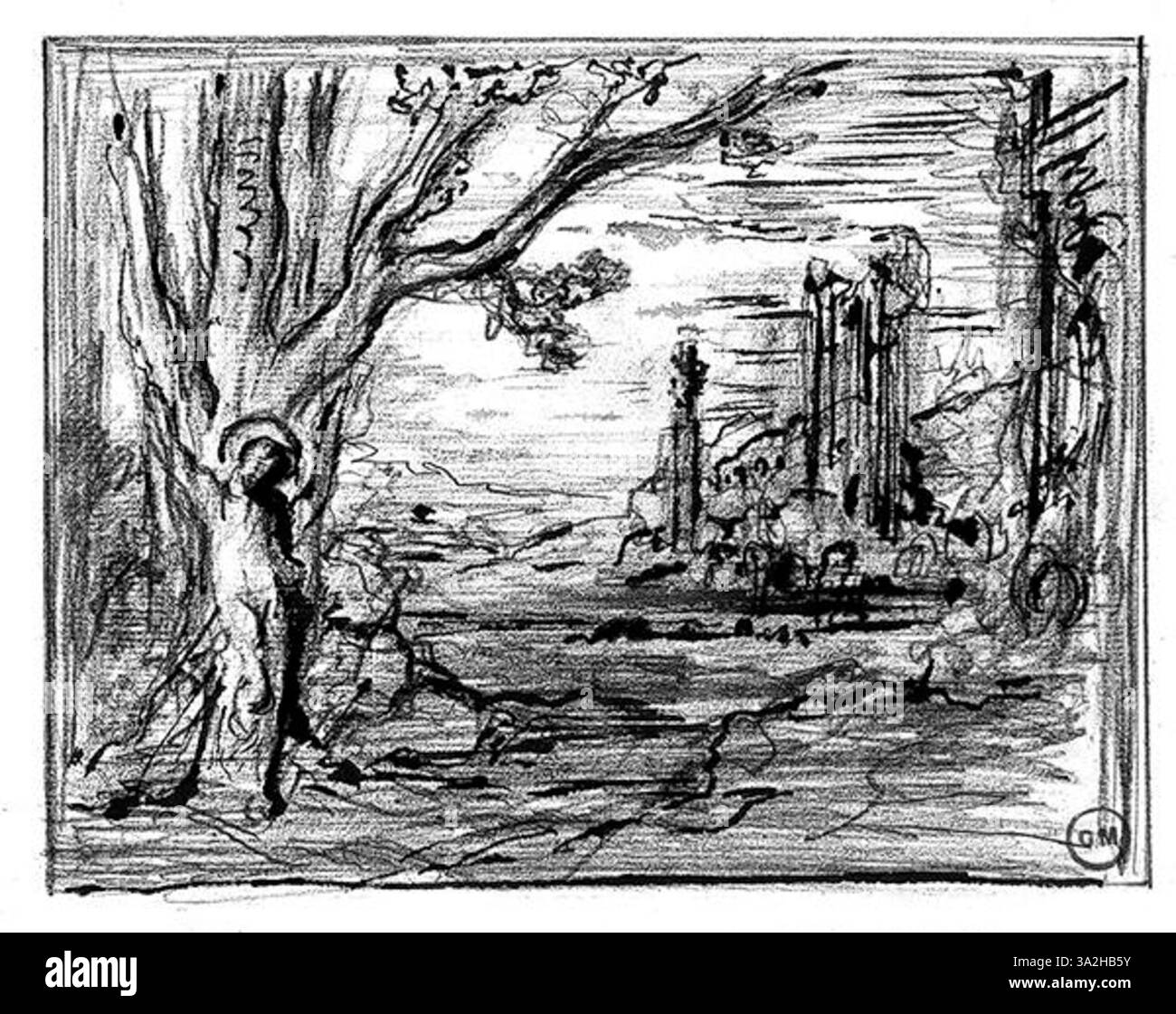 Le portrait de Saint Sébastien et de ses bourreaux par Gustave Moreau capture un moment d’émotion intense. Le saint est montré lié, tandis que ses bourreaux l'entourent. L’œuvre est emblématique de la capacité de Moreau à fusionner les thèmes religieux avec le récit dramatique. Banque D'Images