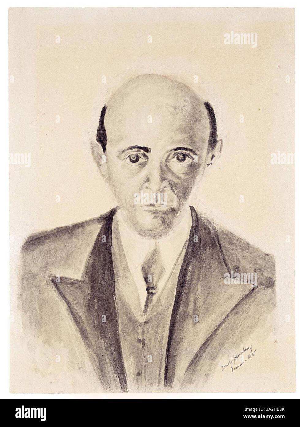 Cette image présente un portrait d'Arnold Schoenberg, figure clé du développement de la musique moderne. Sa technique à douze tons et ses compositions atonales restent au cœur de son héritage, influençant des générations de compositeurs. Banque D'Images