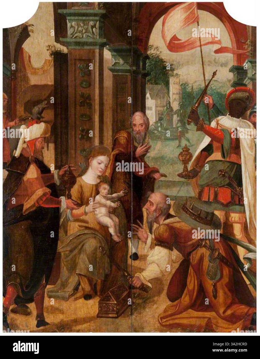 L'Adoration des Mages, attribuée à l'atelier de Pieter Coecke van Aelst, représente les trois Rois présentant des cadeaux à l'enfant Jésus. La pièce se caractérise par ses figures détaillées et sa riche palette de couleurs, reflétant la dévotion de la Renaissance et le récit biblique. Banque D'Images L'Adoration des Mages, attribuée à l'atelier de Pieter Coecke van Aelst, représente les trois Rois présentant des cadeaux à l'enfant Jésus. La pièce se caractérise par ses figures détaillées et sa riche palette de couleurs, reflétant la dévotion de la Renaissance et le récit biblique. Banque D'Images