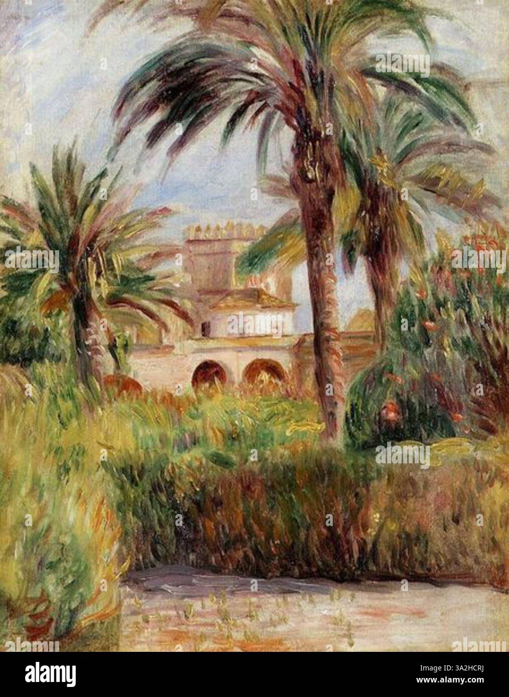 Cette scène extérieure de Renoir représente un jardin luxuriant en Algérie. Les couleurs vives et les textures riches des fleurs et du feuillage reflètent l’utilisation caractéristique de l’artiste de la lumière et de la couleur dans la nature. Banque D'Images