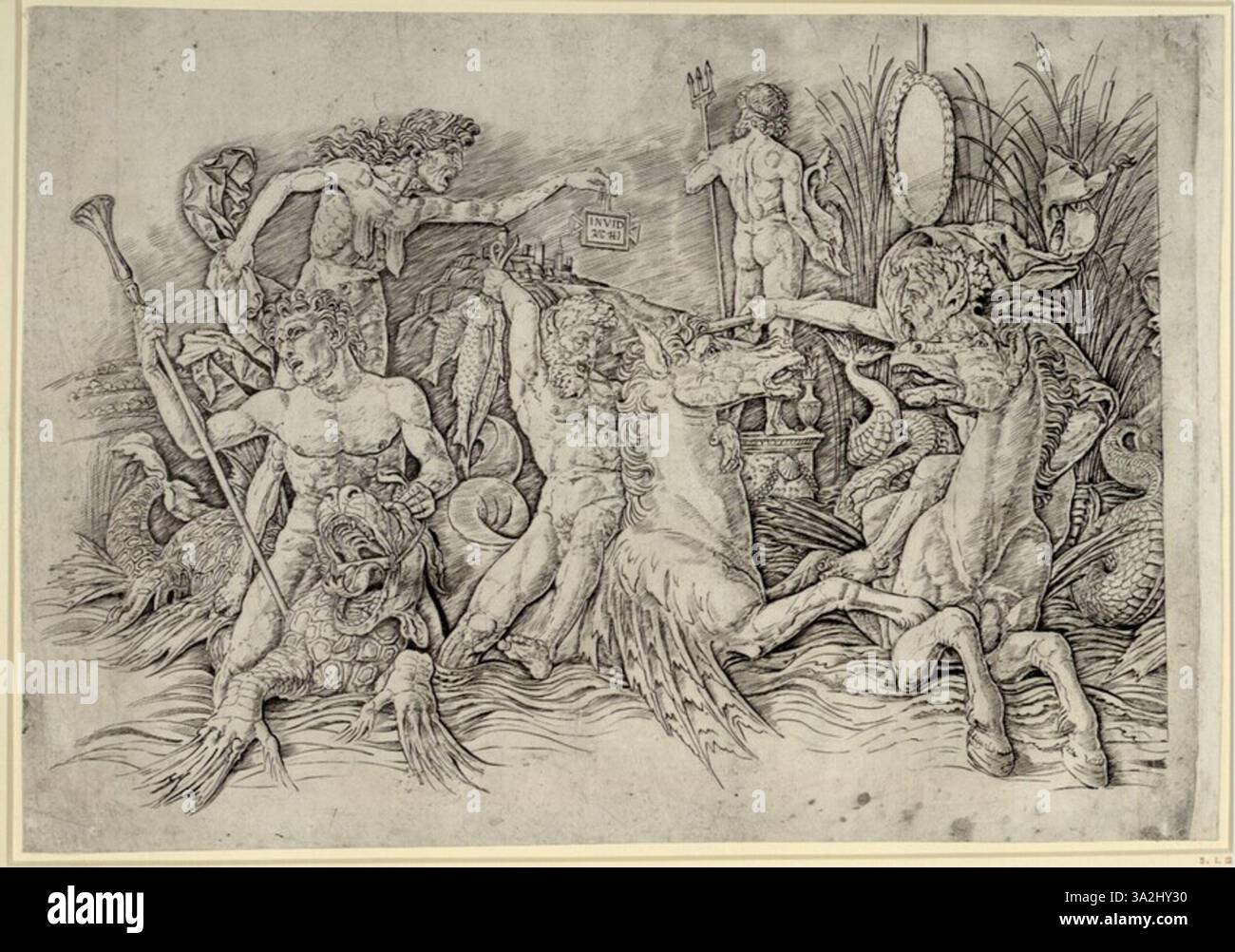 Cette pièce, logée à l’Albertina, reflète la capacité de Mantegna à mélanger l’iconographie classique avec le réalisme de la Renaissance, en mettant l’accent sur la forme humaine et la perspective. Banque D'Images