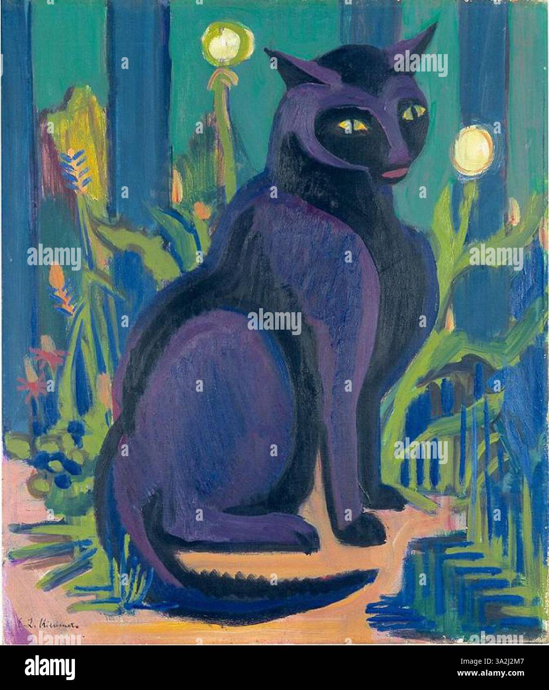 Dans « le chat noir », Kirchner capture la présence étrange et intense d'un chat rendu avec des formes aiguisées et anguleuses. La palette de couleurs sombres crée une atmosphère mystérieuse et presque inquiétante, mettant en valeur son approche unique des figures humaines et animales. Banque D'Images