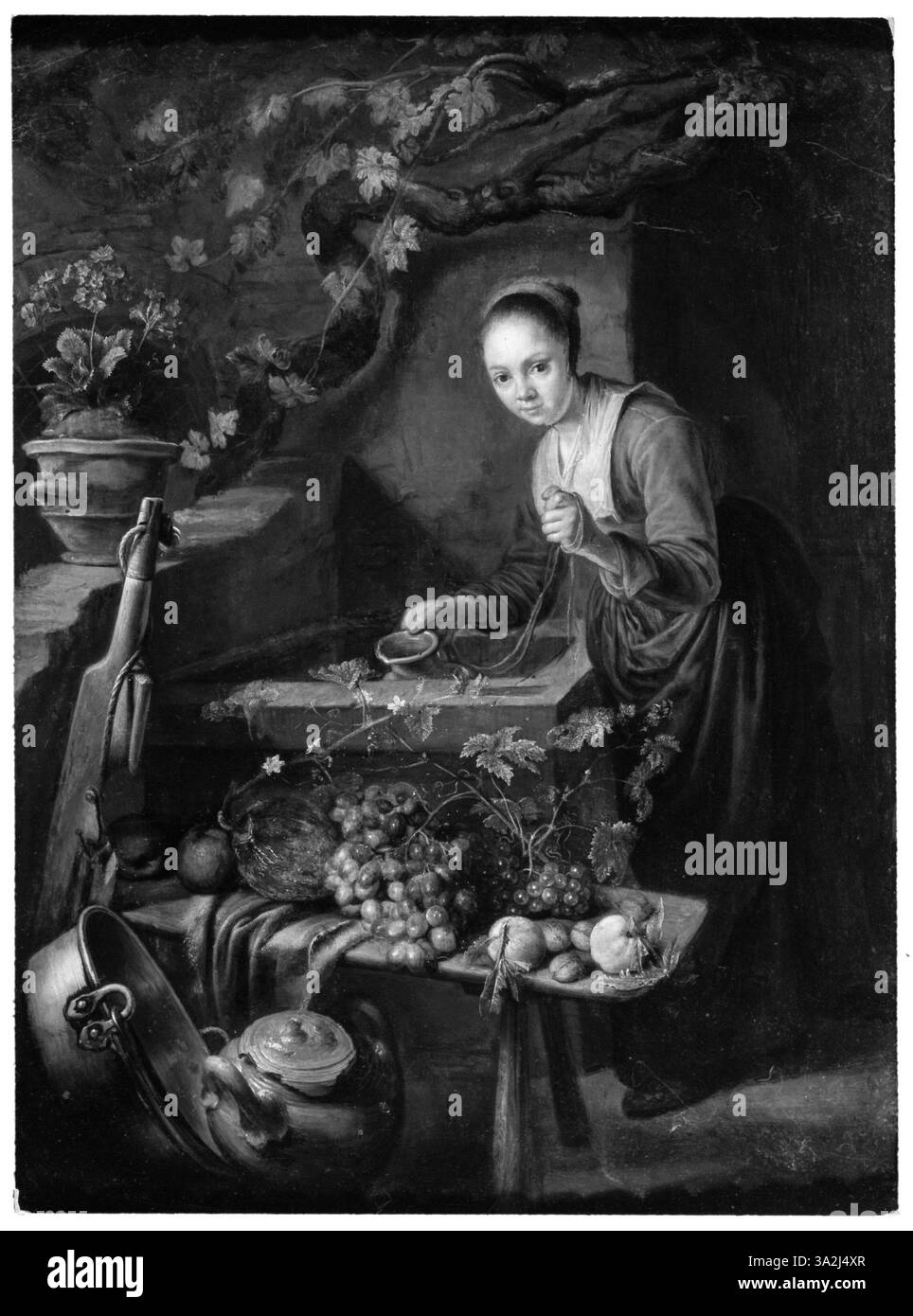 Cette peinture de Frans van Mieris représente une jeune femme puisant de l'eau dans un puits. La scène montre l'habileté de Mieris à dépeindre des figures humaines délicates et les textures détaillées de l'eau, des vêtements et de la lumière typiques de la peinture de genre néerlandaise au XVIIe siècle. Banque D'Images