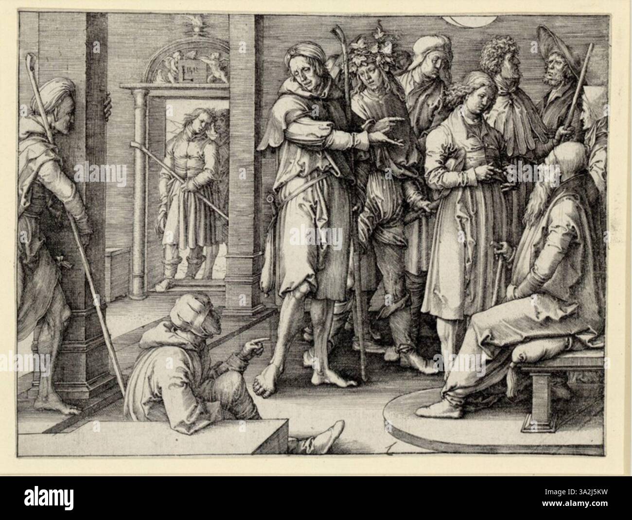 Dans cette gravure de 1910, Lucas van Leyden illustre un récit religieux avec ses traits fins caractéristiques et son ombrage précis. L'œuvre reflète l'artisanat détaillé et le lien émotionnel profond avec les sujets bibliques typiques des artistes de la Renaissance du Nord. Banque D'Images