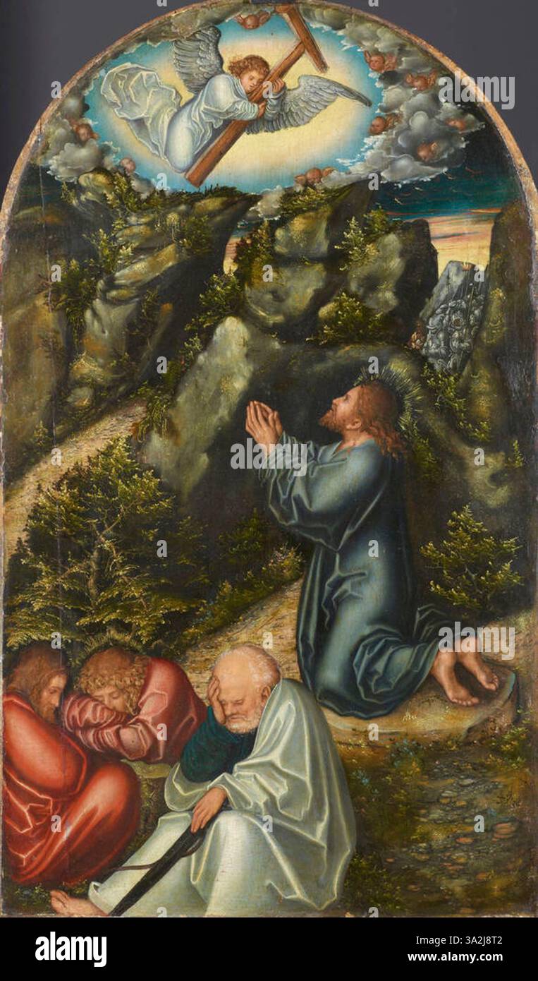 Dans cette peinture de Lucas Cranach l'ancien, le Christ est représenté dans la prière au Mont des oliviers, expérimentant l'agonie dans le jardin. La représentation émotionnelle met en lumière la lutte du Christ avant son arrestation, symbolisant l’angoisse humaine et la volonté divine face à la souffrance. Banque D'Images