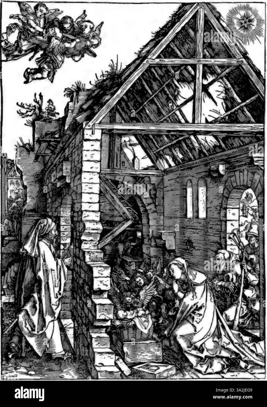 Ce tirage de Dürer capture un sujet religieux ou mythologique, illustrant la maîtrise de l’artiste en gravure avec des détails fins et des ombres. Banque D'Images