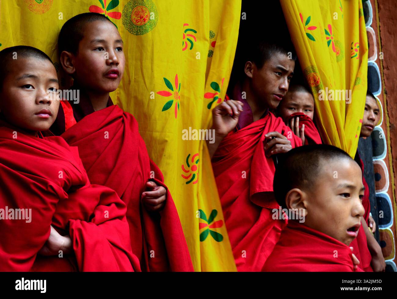 13 avril 2014 - Paro, Bhoutan - moines bouddhistes près du monastère de Paro Dzong dans le Royaume du Bhoutan. Le bouddhisme pratiqué dans le pays aujourd'hui est une religion vibrante qui imprègne presque toutes les facettes du style de vie bhoutanais. (Crédit image : © Prasanta Biswas/ZUMA Wire/ZUMAPRESS.com) Banque D'Images