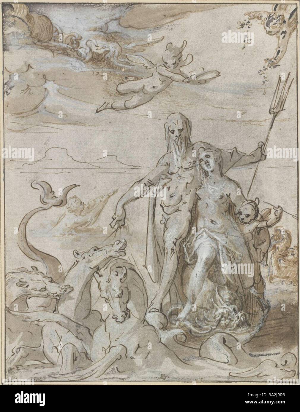'Poséidon und Amphitrite' de Bartholomeus Spranger dépeint le Dieu grec Poséidon et son épouse Amphitrite. La peinture met en évidence leurs rôles en tant que dirigeants des mers dans la mythologie classique, symbolisant le pouvoir et l'harmonie conjugale. Banque D'Images