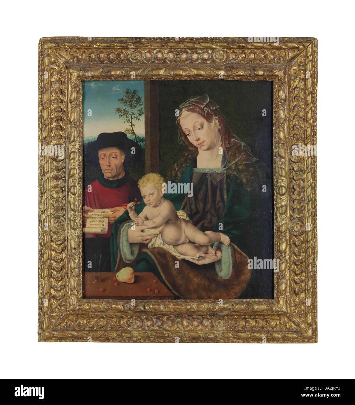 Ce tableau présente la Sainte famille, avec la Vierge Marie, Saint Joseph et l'enfant Christ. La scène souligne la nature paisible et divine de la famille, soulignant le lien intime entre les personnages dans un cadre sacré. Banque D'Images
