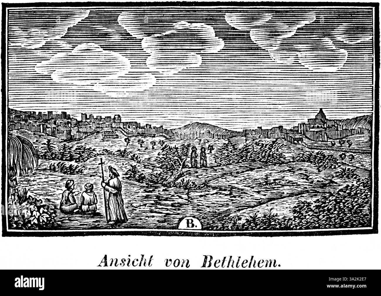 Vue du lieu de naissance de Jésus, Bethléem en Cisjordanie, territoire autonome palestinien, champs, ecclésiastique, montagnes, gravure sur bois, illus historiques Banque D'Images