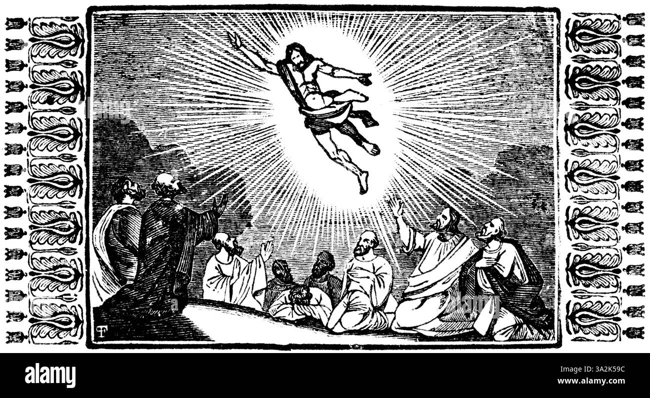 L'Ascension de Jésus, les apôtres proclament la bonne nouvelle de Jésus et de son Royaume à travers le monde, la propagation du christianisme, la gravure sur bois, l'histoire Banque D'Images