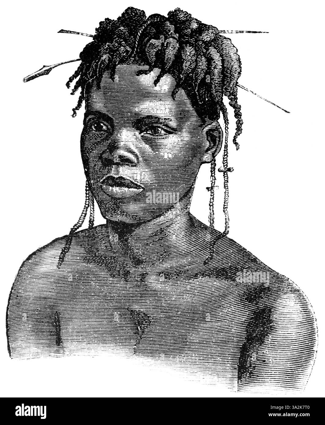 Jeune femme du groupe ethnique Azande ou Zaude avec des cheveux tressés et des épingles à cheveux, appelée Niam-Niam aux XVIIIe et XIXe siècles, Soudan du Sud, Centre Banque D'Images