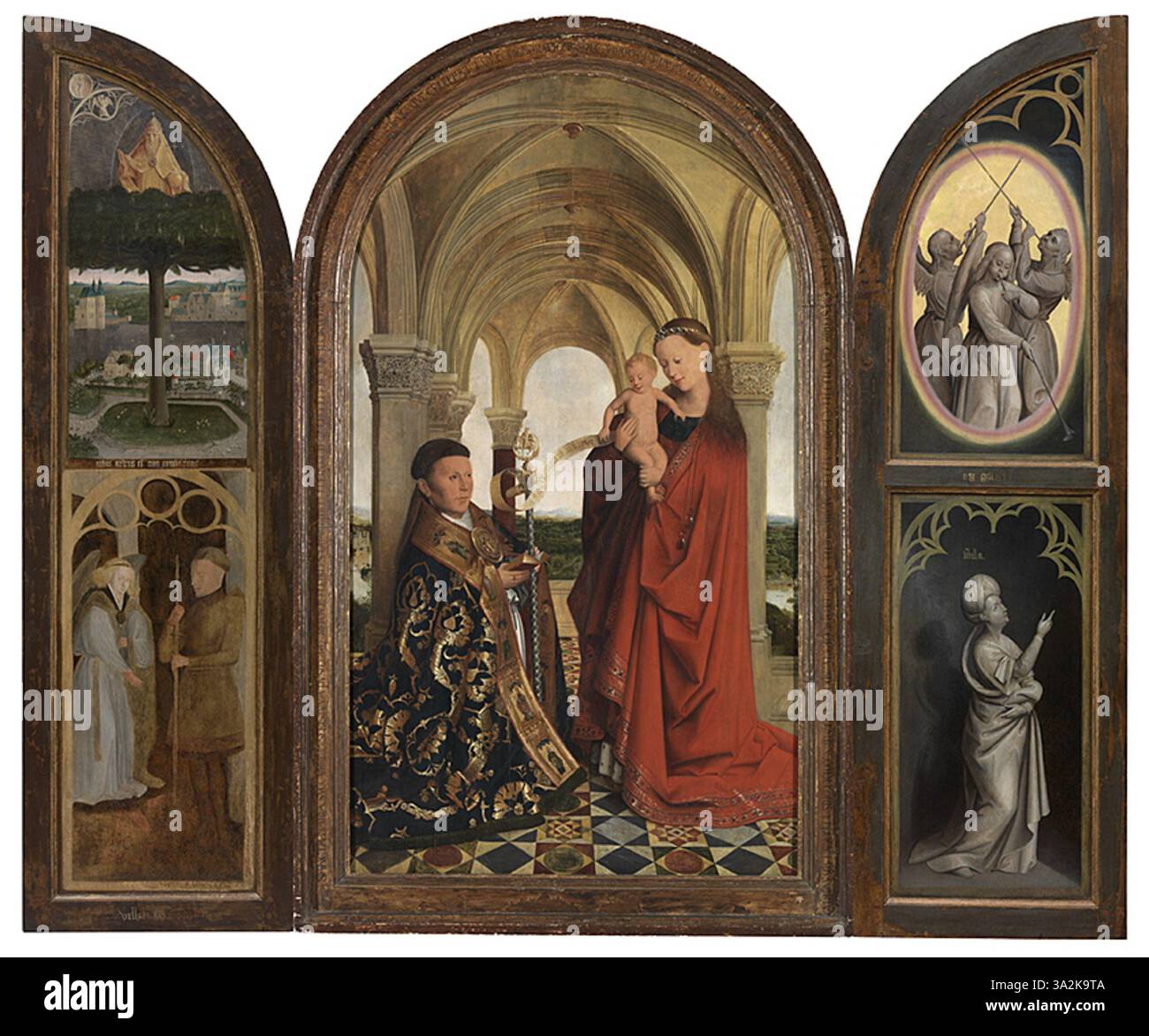 Cette peinture à l'huile du XVIIe siècle, attribuée à Jan van Eyck, représente la Vierge avec Petrus Wijts. La pièce met en valeur le réalisme détaillé et les thèmes religieux du style de van Eyck, avec des textures riches et un ton sombre. Banque D'Images