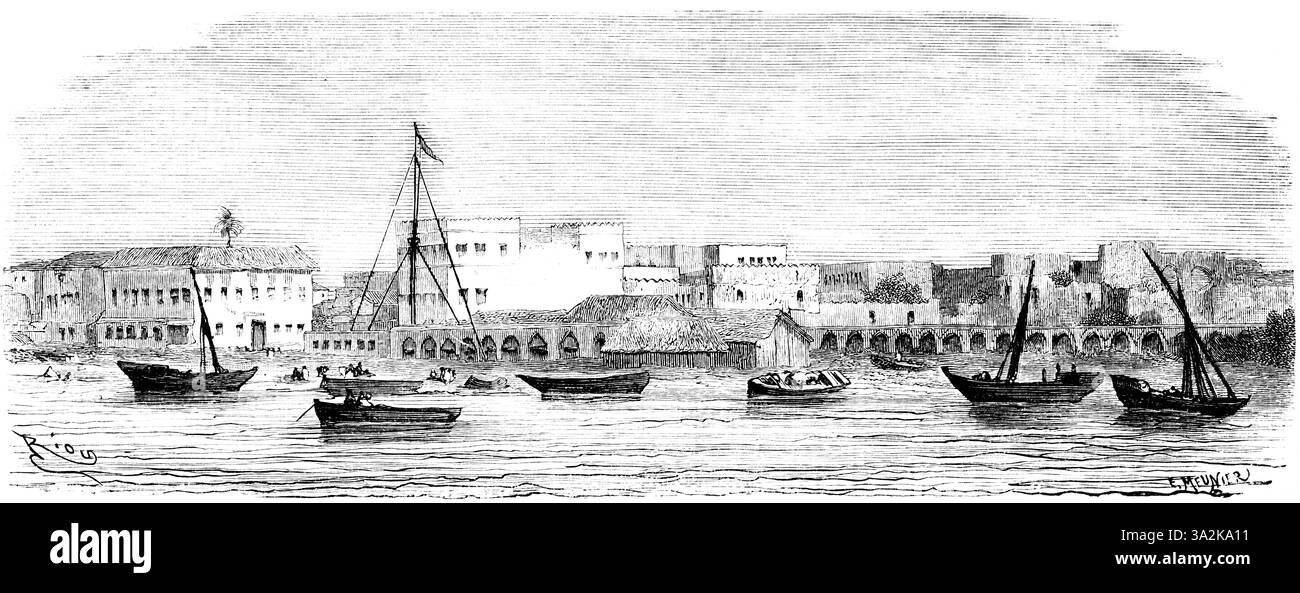 Vue sur la ville de Zanzibar depuis le bord de mer, île Unguja ou Zanzibar dans l'océan Indien, bateaux à voile, Tanzanie, période coloniale, illustrati historique Banque D'Images