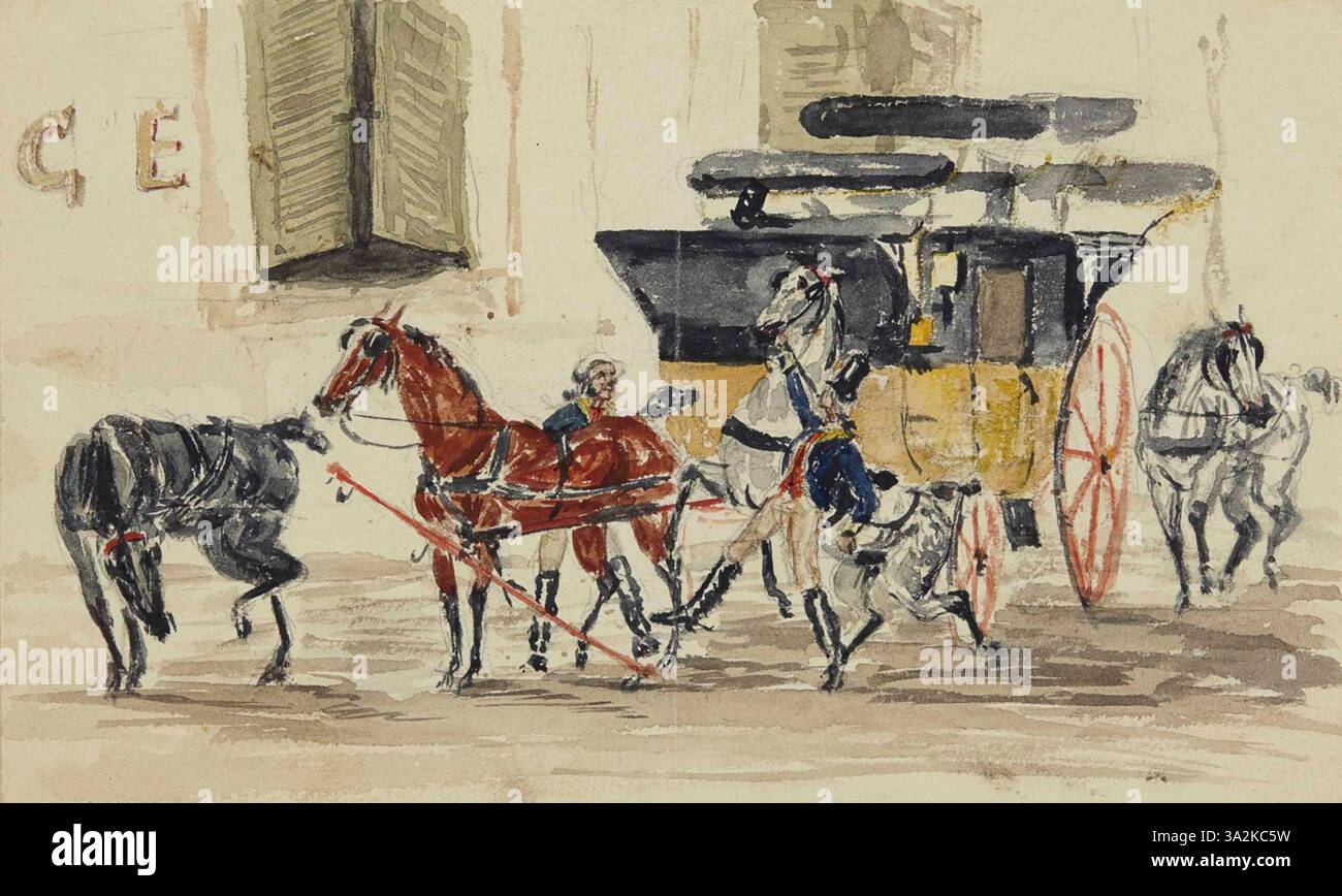 'Le postillon' représente un coachman ou postilion, un conducteur d'une calèche tirée par des chevaux, représenté au milieu de ses fonctions. La pièce capture la profession en mettant l’accent sur la détermination de la figure et la nature pratique de ce travail. Banque D'Images