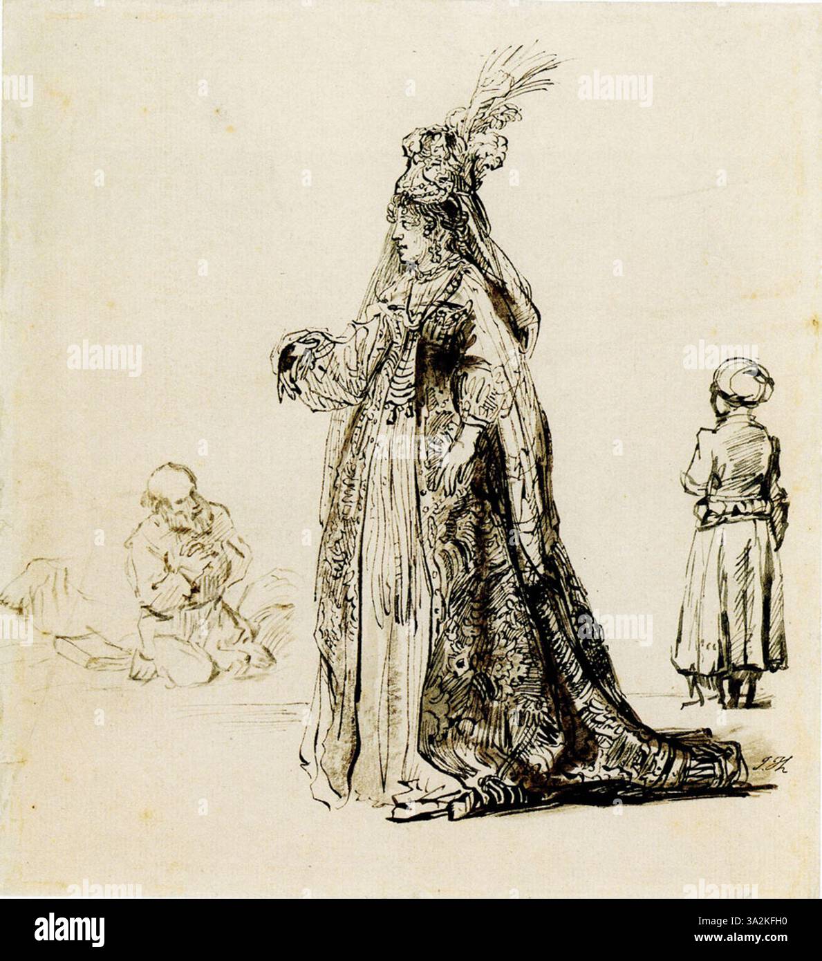Ce portrait d'Andreas Rijmsdijck, influencé par Rembrandt, représente une femme portant une casquette à plumes. Le rendu détaillé de la figure et l'utilisation de la lumière et de l'ombre créent une image saisissante et réaliste. Banque D'Images Ce portrait d'Andreas Rijmsdijck, influencé par Rembrandt, représente une femme portant une casquette à plumes. Le rendu détaillé de la figure et l'utilisation de la lumière et de l'ombre créent une image saisissante et réaliste. Banque D'Images