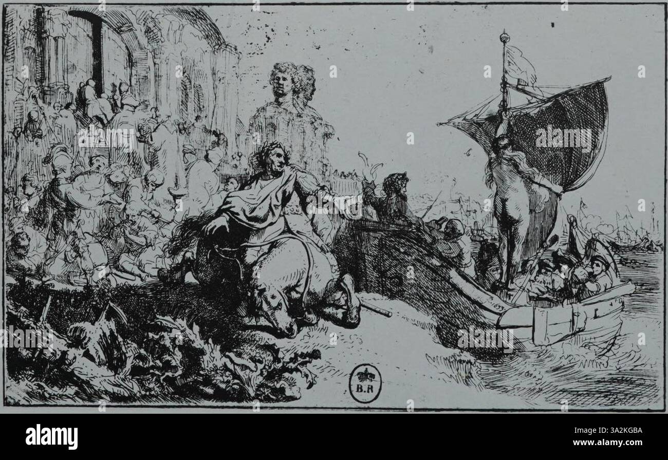 Dans 'White and Boon B111-I', l'utilisation de la lumière par Rembrandt illumine le visage et les vêtements du sujet, améliorant ainsi la sensation de profondeur et de réalisme dans le portrait. Banque D'Images