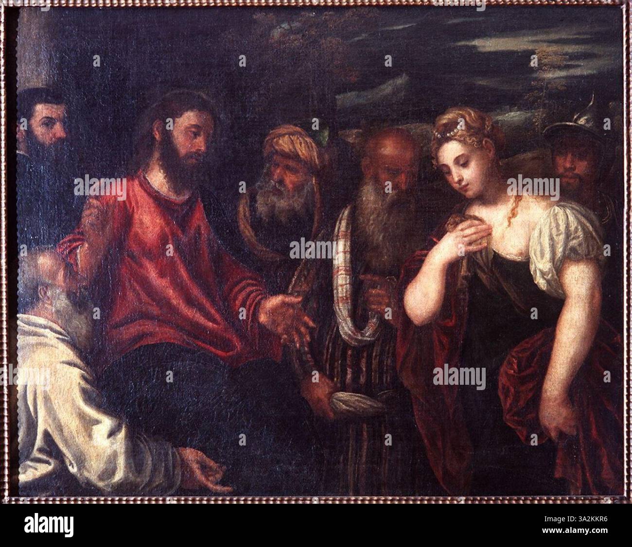 Cette œuvre d'art dépeint l'histoire biblique du Christ et de la femme adultère. La compassion du Christ et la repentance de la femme sont des thèmes centraux dans cette scène. Banque D'Images