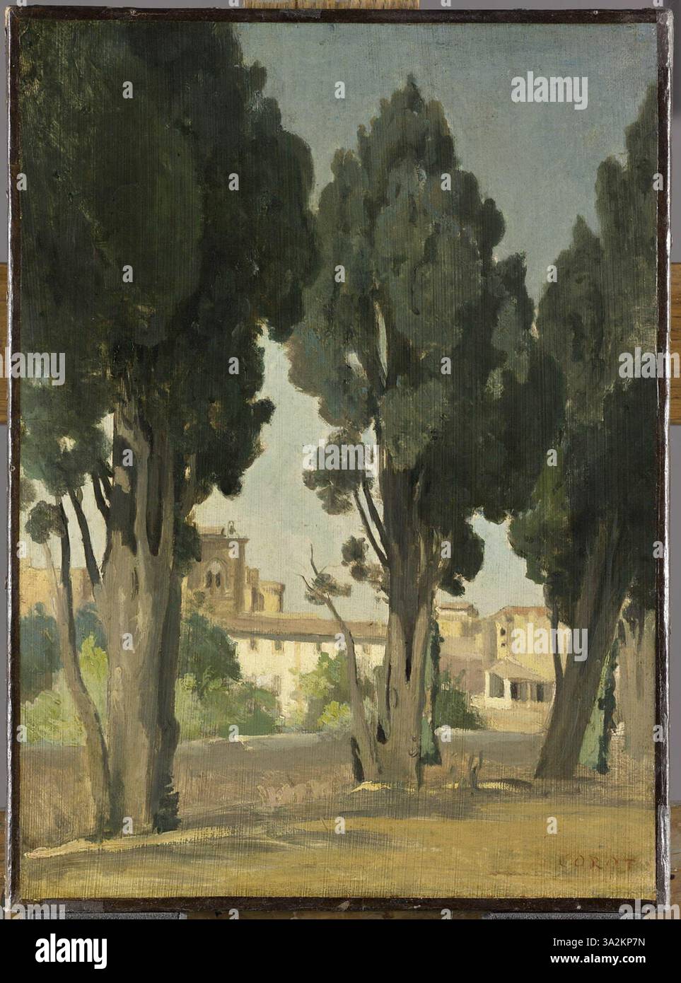 'Terrasse du jardin de l'hospice' capture la paisible terrasse de jardin de l'hospice de Villeneuve-lès-Avignon, avec sa verdure luxuriante et son atmosphère sereine. La composition reflète la maîtrise de Corot de la lumière et de l’espace. Banque D'Images