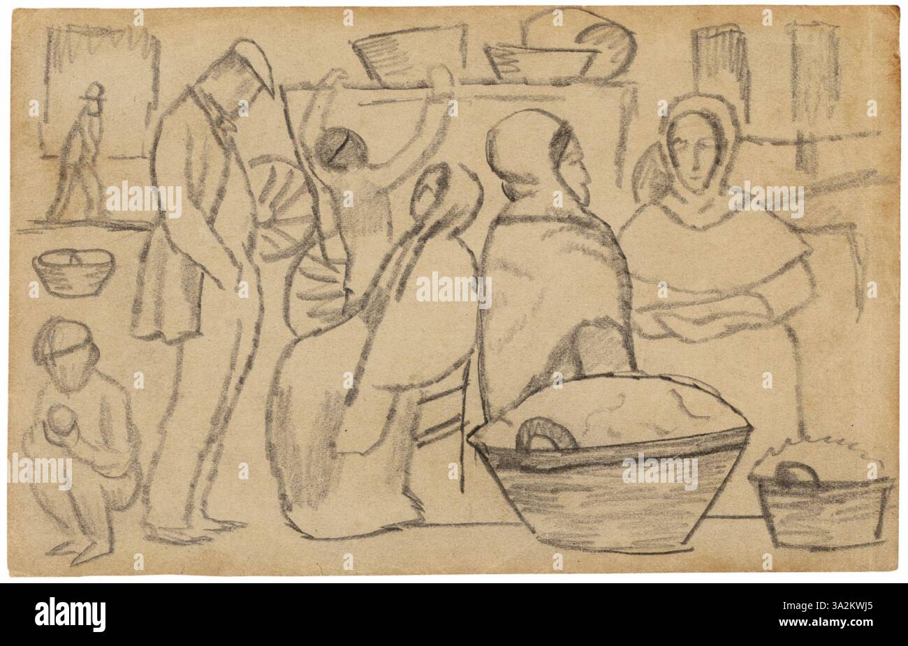 Auf dem Markt I (at the Market I) d'August Macke montre une scène de marché animée, capturant des personnages en mouvement. Les couleurs vibrantes et le pinceau dynamique évoquent l'agitation de la vie quotidienne. Banque D'Images