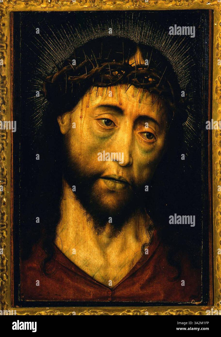 Cette œuvre représente le Christ couronné d’épines, mettant l’accent sur sa souffrance et les thèmes de l’humiliation et du sacrifice au cœur du récit de la passion chrétienne. Banque D'Images