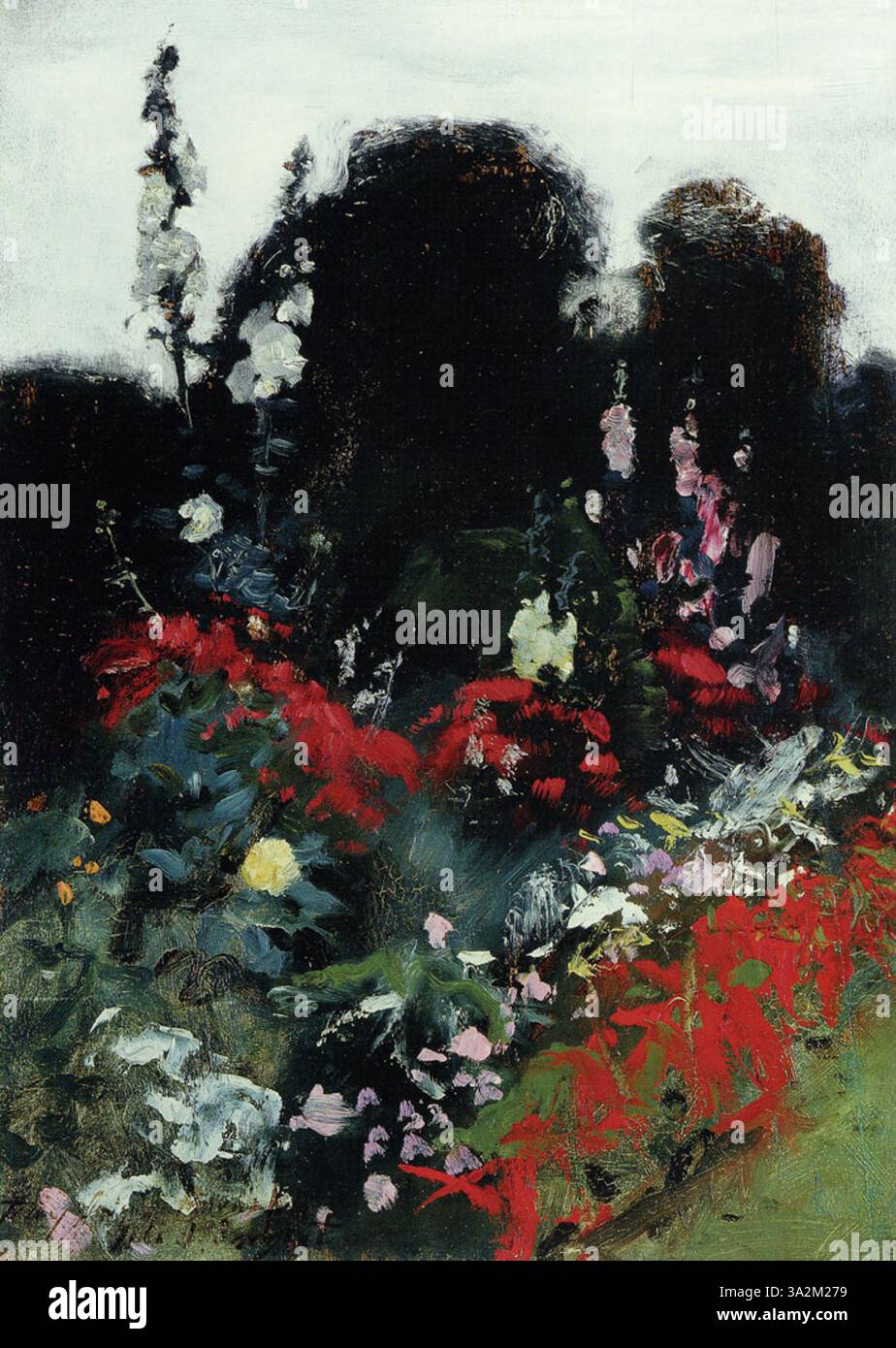 « Corner of a Garden » de Sargent présente une scène de jardin luxuriant, mettant en valeur sa capacité à capturer les détails délicats de la nature, avec des couleurs riches et de la profondeur. Banque D'Images