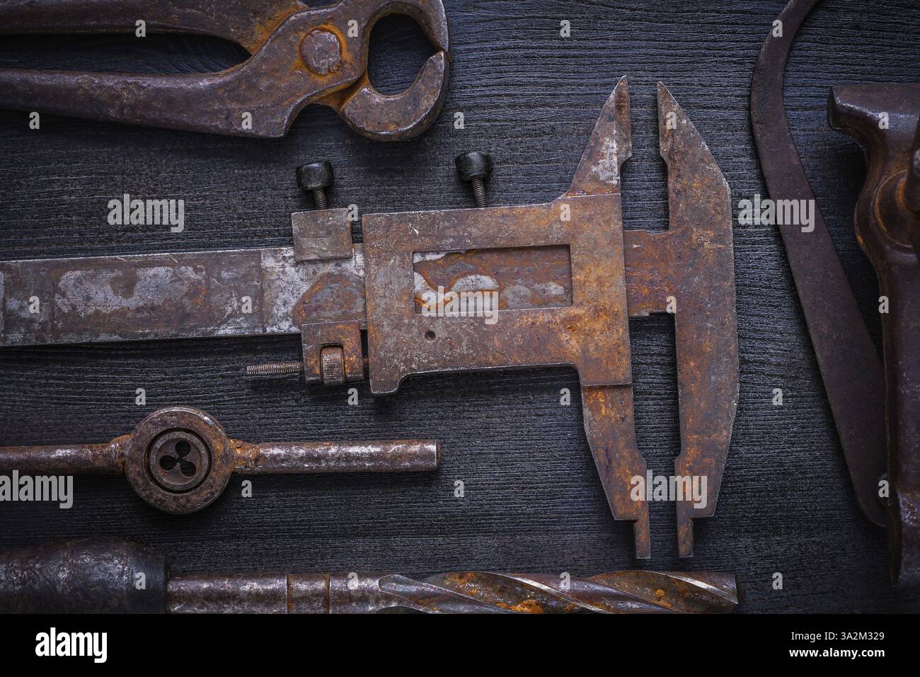 Ensemble de vieux outils rouillés sur panneau vintage Banque D'Images
