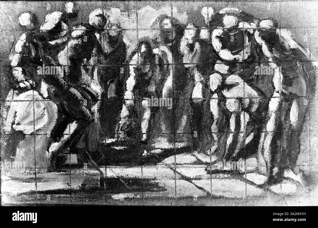 Cette scène représente l'héroïsme de Mucius Scaevola, le soldat romain qui s'est brûlé la main pour démontrer sa bravoure. Tintoretto souligne le moment intense avec un éclairage dramatique. Banque D'Images