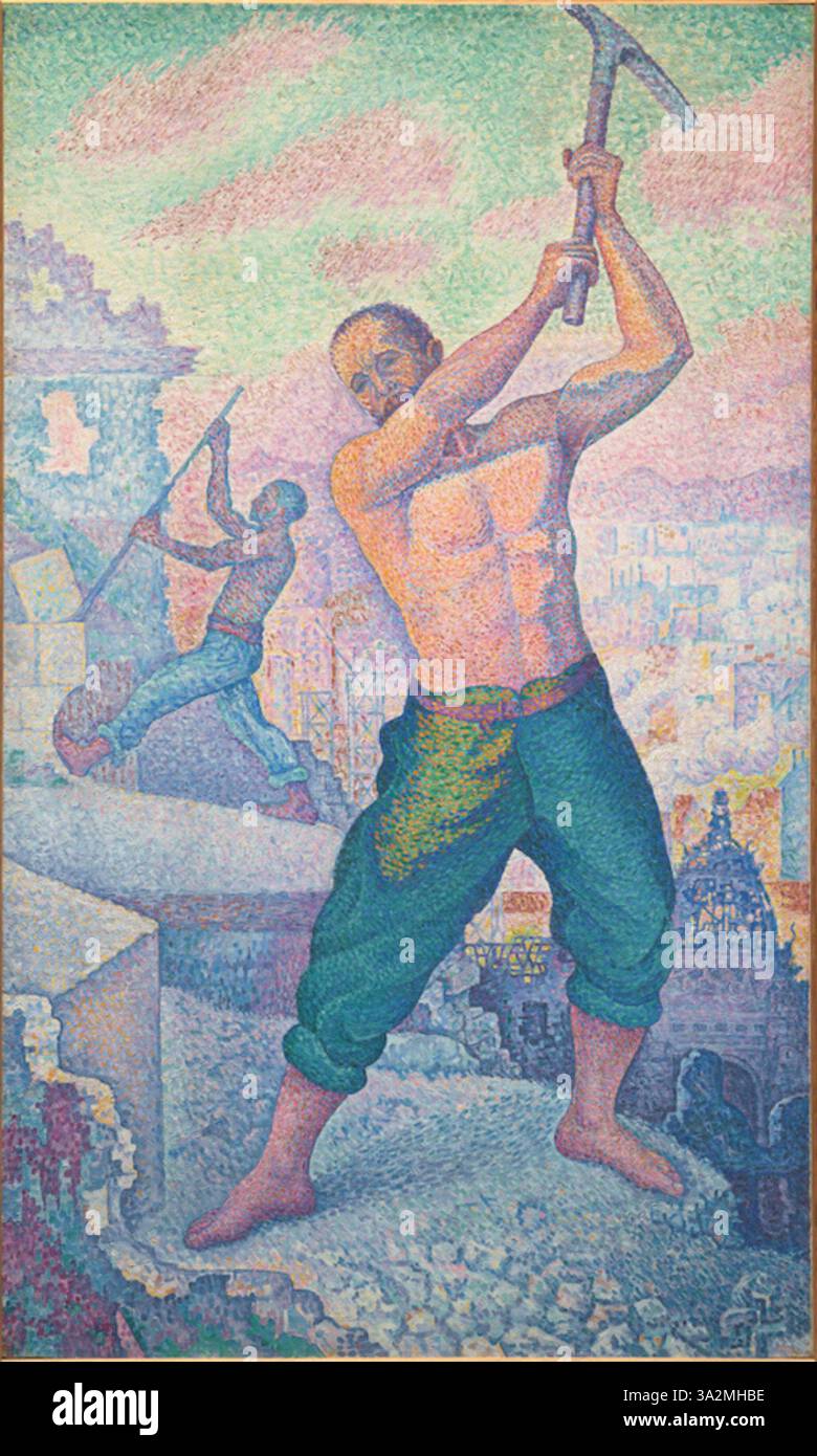 'Le déminolisseur' de Paul Signac capture une scène de démolition, mettant en valeur la force et l'énergie des ouvriers en utilisant la technique pointilliste pour représenter le mouvement et la lumière. Banque D'Images