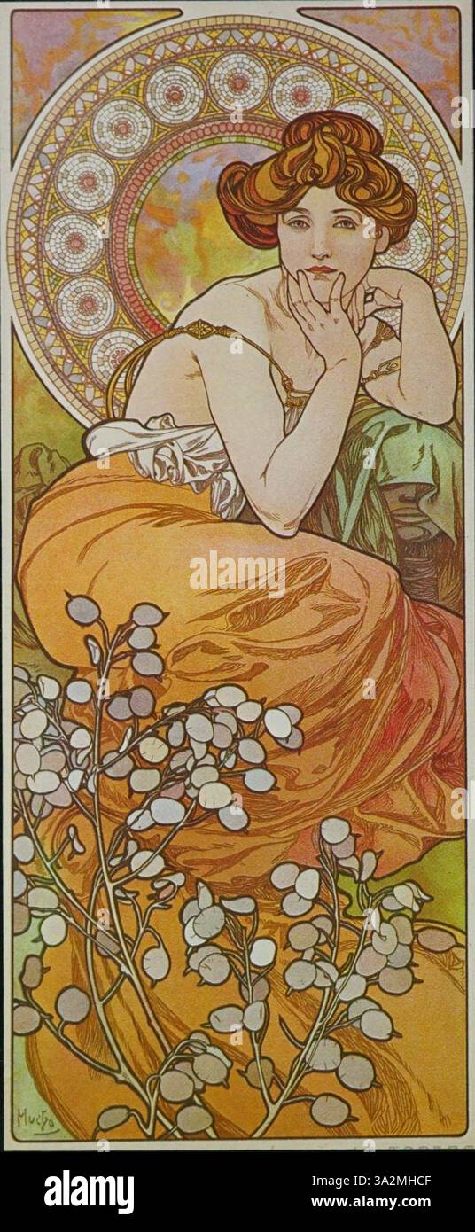 'Bridges, P34' d'Alphonse Mucha combine des figures humaines stylisées avec des motifs décoratifs. Le design présente des lignes fluides et des motifs complexes, mettant l'accent sur la symétrie et l'équilibre, éléments clés du style Art Nouveau de Mucha, créant une composition visuellement frappante. Banque D'Images 'Bridges, P34' d'Alphonse Mucha combine des figures humaines stylisées avec des motifs décoratifs. Le design présente des lignes fluides et des motifs complexes, mettant l'accent sur la symétrie et l'équilibre, éléments clés du style Art Nouveau de Mucha, créant une composition visuellement frappante. Banque D'Images