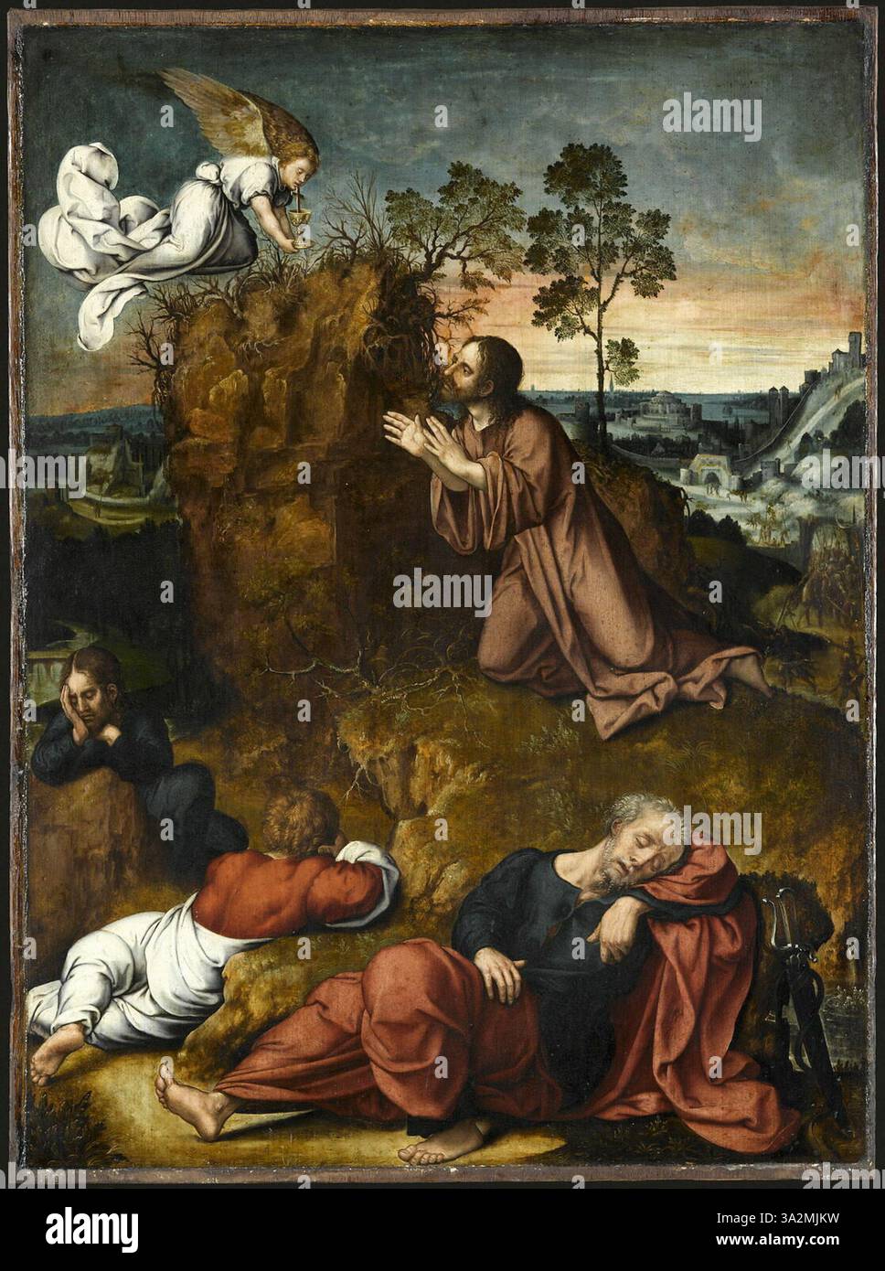 Cette scène représente Christ dans le jardin de Gethsémané avec des apôtres endormis, capturant le moment charnière du récit de la passion. La peinture reflète la profondeur émotionnelle de la solitude du Christ et la négligence des apôtres. Banque D'Images