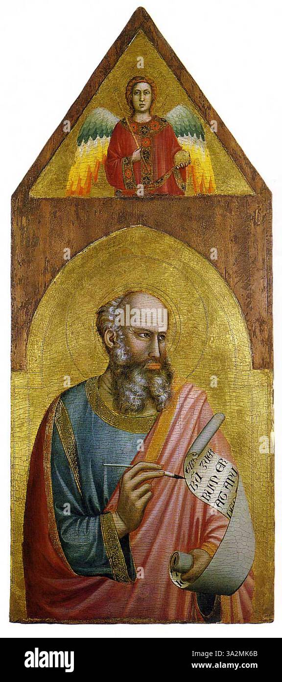 Le portrait de Saint Jean l'évangéliste par Giotto, peint vers 1320, met en valeur le saint avec une expression sereine et contemplative, caractéristique de l'accent mis par Giotto sur l'émotion humaine dans les sujets religieux. Banque D'Images