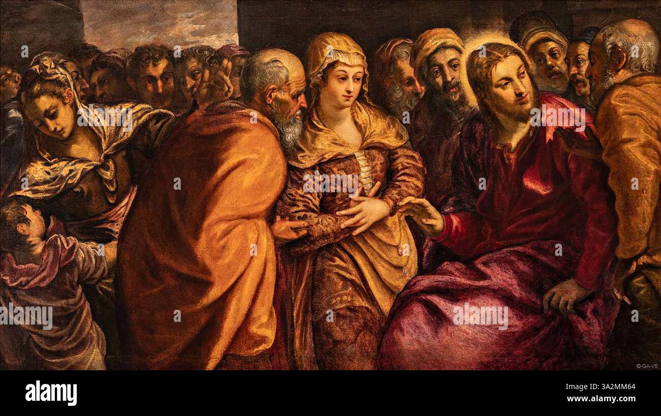 'Cristo e l'adultera' de Jacopo Tintoretto dépeint la scène biblique de l'interaction du Christ avec une adultère. La peinture à l’huile du XVIe siècle reflète l’utilisation habile de la lumière et des gestes dramatiques par le Tintoret, au cœur de ses compositions religieuses. Banque D'Images