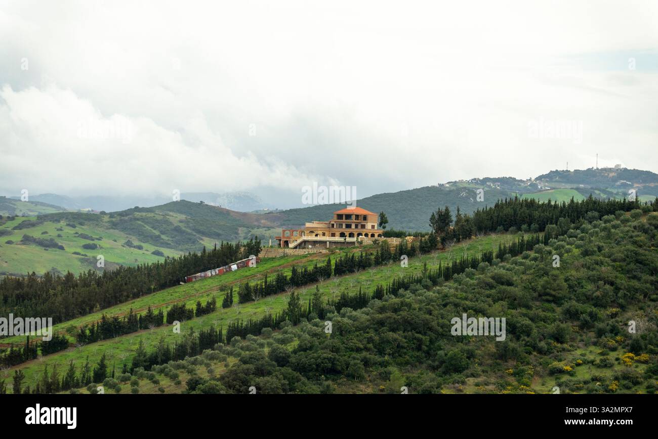 Conduire à travers un paysage luxuriant au Maroc Banque D'Images